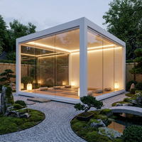 Pergola bioclimatique de luxe en aluminium, toit à lames orientables imperméable, gazebo avec éclairage LED RGB, stores motorisés résistants au vent, villa