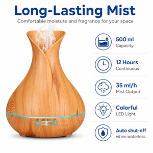 Diffuseur <span class=keywords><strong>d</strong></span>'huiles essentielles par évaporation sans BPA de 500 ml, humidificateur, batterie USB, autonomie de 12 heures, 7 couleurs LED, minuterie <span class=keywords><strong>d</strong></span>'arrêt automatique, pour la maison - Product Image 2