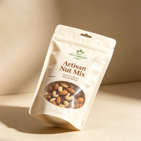 Sachet Doypack Personnalisé Beige Imprimé avec Fermeture Zip Refermable de Qualité Alimentaire, Fenêtre Transparente et Trou de Suspension pour Mélange de Noix et Snacks