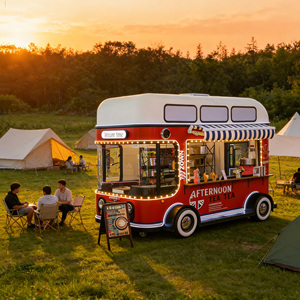 ZOWN Electric Mobile Food Cart Red With White Roof And Blue Striped Awning For Outdoor Tea Service - Product Image 1