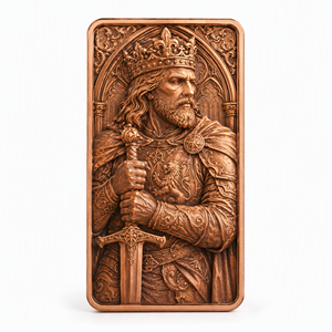 Barre commémorative en cuivre fin .999 de 1 oz, série Légende Arthurienne, avec relief 3D personnalisé du Roi <span class=keywords><strong>Arthur</strong></span> et Merlin, idéale pour un cadeau. - Product Image 2