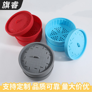 Silicone Steamer For Steamed Buns And Dumplings Round Compact With Lid Grey Color - Product Image 3