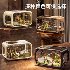 Ensemble de petit aquarium rectangulaire moderne en plastique avec alimentation 220V pour l'aménagement paysager écologique du salon, comprend un couvercle anti-saut - Product Image 2