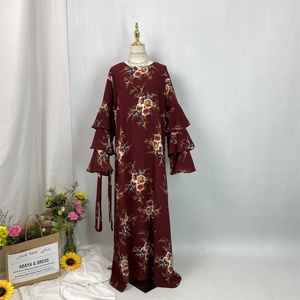 Large Discount Women Dress Pretty Red Three Layers Sleeves With Flowers Print Fashion Muslim Islamic Women <b>Abaya</b> Dress 9071# - Product Image 2
