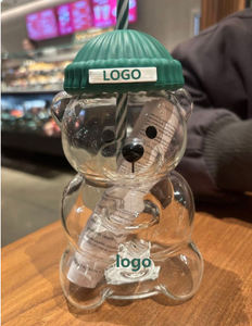 W121 Personalisierter LOGO Barista Bär Glas-Kaffeebecher mit Deckel und Strohhalm – Trinkflasche Kaffee-Bär-Tasse - Product Image 4