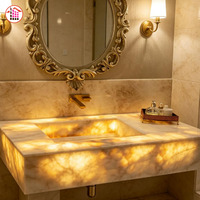 Comptoir de salle de bain d'hôtel en onyx, lavabo simple en onyx blanc naturel, lavabo en onyx sur mesure, meuble-lavabo en pierre lumineuse à LED
