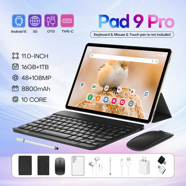 Pad 9 Pro 11.0 Tablet Android 15 16GB RAM 1TB ROM MTK Octa Core 8800mAh Battery 108MP Rear 48MP Front Camera 2K Display 5G GPS