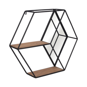 Mensola Esagonale da Parete in Metallo e Legno con Specchio per Soggiorno e Ingresso - Product Image 2