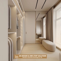 Meubles de chambre à coucher et de dressing modernes et minimalistes sur mesure, couleur crème, avec éclairage LED linéaire, banc rembourré et armoires pour les maisons américaines
