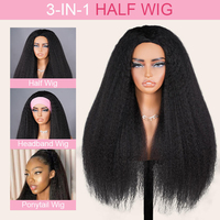 Perruque mi-tête 3-en-1 sans colle, cheveux brésiliens Go Yaki, fabriquée à la machine, avec clips, bouclés style birman, mi-humains, texture Kinky Straight