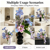 Composition florale artificielle esthétique pour la maison : Lys bleu-violet en fleurs, feuillage floral tombant, accent pour vase, décoration de table