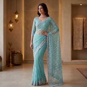 Sari en soie vert menthe élégant avec broderie de sequins, tenue de fête de mariage, style indien pakistanais, longueur au sol pour femmes - Product Image 1