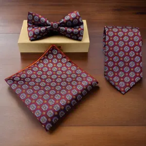 Set dasi gaya bisnis pria, dengan saputangan dan dasi kupu-kupu pola bunga klasik tiga potong bahan poliester, Set hadiah