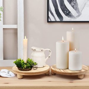 Lot de 2 plateaux ronds en bois sur pieds élégants pour la présentation de plantes d'intérieur sur comptoir de cuisine ou pour la décoration - Product Image 3