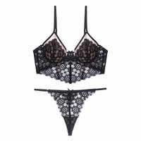 Set Bra dan Celana Dalam Renda Hitam, Set Bra Underwire Cup Tipis Seksi Elegan Prancis Baru