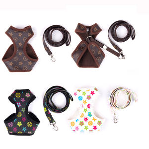 Luxury Design Soft Mesh <b>Harness</b> Set PU Leather Printing Dog <b>Leash</b> <b>Harness</b> for Small Dogs - Product Image 1
