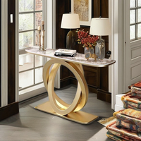 Table console moderne de luxe, finition or antique, design miroir personnalisé, plateau en pierre pour salon/atelier, entrée, hôtels