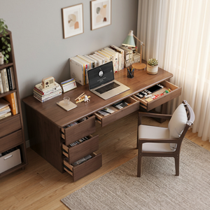 Wood Computer <b>Desk</b> with Drawers and Bookshelf Storage for Home Office Workspace Furniture Set - Product Image 4
