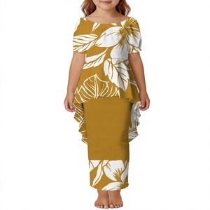 Robe Puletasi pour filles de style îles du Pacifique, design personnalisé, manches courtes bouffantes, col bateau, polyester, robe à queue de poisson, 2 pièces pour enfants - Product Image 3
