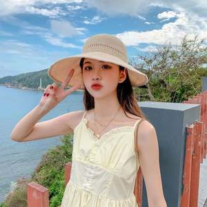 Women's Summer Hollowed-out Bow Big Brim Empty <b>Top</b> Beach Sunshade Sun Protection Straw Hat Visor - Product Image 5