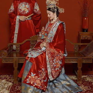 2024 <span class=keywords><strong>rosso</strong></span> abbigliamento etnico Ming dinastia Costume fatto a mano sposo drago ricamo Xiuhe antica cina sposa fenice abito da sposa - Product Image 5