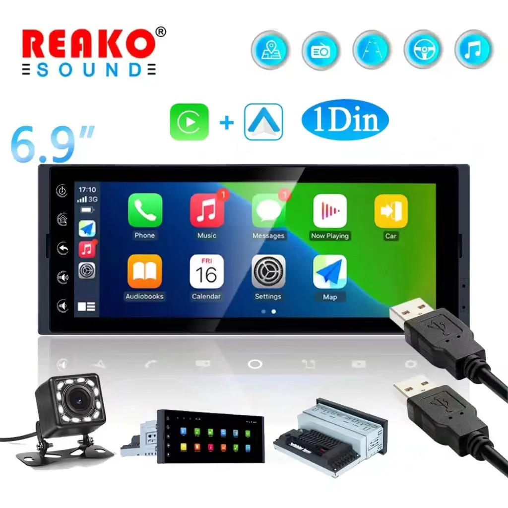 4 Core Single Din 6.9 Inch Android Car Player GPS WiFi 2 USB Wireless Carplay Android Auto