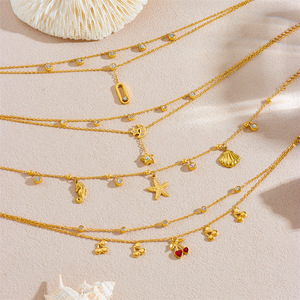 Tobillera de Acero Inoxidable con Colgante de Doble Cadena y Dijes de Diamantes, Cereza, Estrella de Mar, Flor, Estrella y Luna, Estilo Coreano, para Mujer - Product Image 2