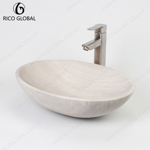 Lavabo Redondo de Travertino para Baño, Lavabo de Piedra Pulida, Montaje en Superficie, Diseño Minimalista - Product Image 5