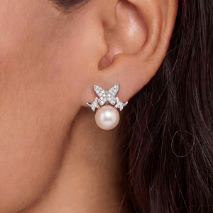 S925 <b>Silver</b> CZ Butterfly Freshwater Pearl <b>Stud</b> Earrings Cute Elegant Jewelry Gift for Women Girls - Product Image 2
