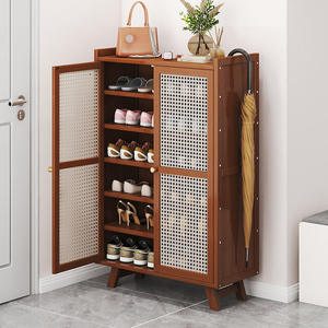 Mobile Portascarpe Moderno <span class=keywords><strong>in</strong></span> <span class=keywords><strong>Legno</strong></span> Massello e Rattan Intrecciato, Scaffale Multilivello per Scarpe da Soggiorno - Product Image 1