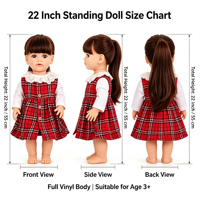 Poupée Reborn réaliste en vinyle de 22 pouces, poupée fille avec robe à carreaux rouge classique, jouet cadeau pour enfants
