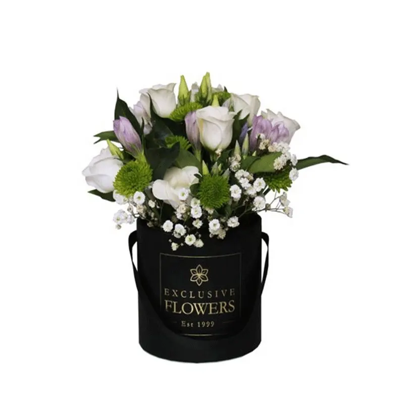 OEM Wholesale Gift Boxes Black Canister Flower Round Gift Box With Handle