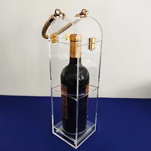 Vitrina acrílica transparente personalizada para botellas de vino con cierre de hebilla, caja acrílica para exhibición de vino con tapa con bisagras y cuerda con asa