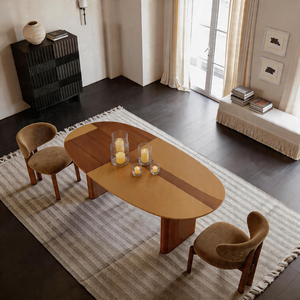Mesa de Comedor Ovalada de Madera de Mediados de Siglo, Nogal y Chapa de Madera Clara, Panel de MDF con Conector de Hierro Sólido, Muebles para Comedor - Product Image 4