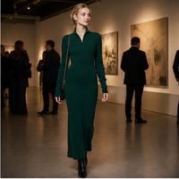 Robe pull maxi moulante côtelée à col montant et demi-zip pour femme, vert forêt, manches longues, chic automne-hiver