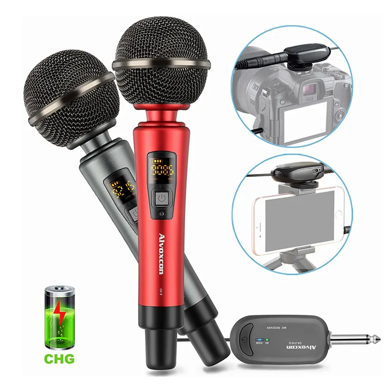 Panvotech microfone sem fio dois canais, microfone sem fio com canal duplo, vermelho e preto, 2 canais uhf, para ktv