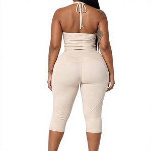 Custom Logo <b>Women</b> Beige Halter Neck Crop Top and High Waist Seamless <b>Capri</b> Leggings Set Yoga Gym Activewear Two Piece Outfit - Product Image 2