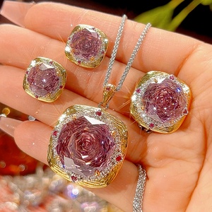 Vintage Eco-friendly Copper Bridal Set Jewelry Wedding 18-14mm Dried Rose Cubic Zirconia Gold Plated Pendant <b>Earrings</b> Set - Product Image 2