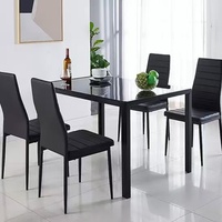 Ensemble de table à manger moderne et durable pour restaurant, plateau en verre, structure en métal, 6 chaises en cuir noir, utilisation hôtel, maison, bar