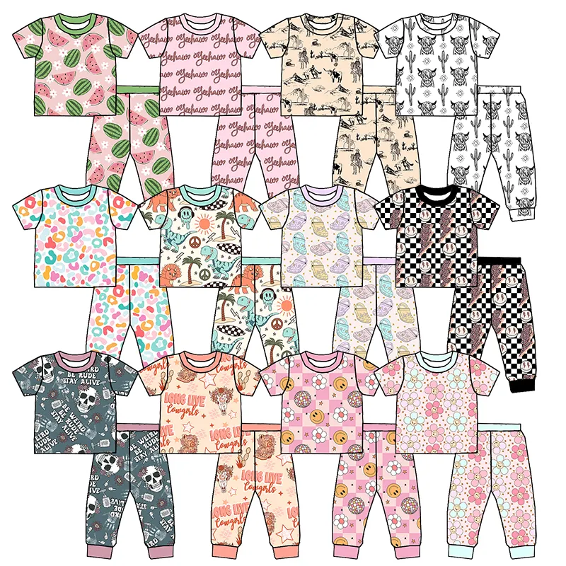 Vendita calda abbigliamento per bambini 95% viscosa stampe personalizzate in bambù manica corta con pantaloni lunghi 0-16 anni Set di pigiami in due pezzi