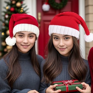 DDP Family Matching Christmas Knitted Pompom Red Beanie Baby and Mom Santa Hat Cap Xmas Parent-Child Hat Santa Crochet Hats - Product Image 5