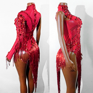 Body Sexy Rojo con Lentejuelas y Flecos, de Una Manga Asimétrica, para Espectáculos de Burlesque, Salsa, Flamenco, Tango, Disfraz de Diva - Product Image 3