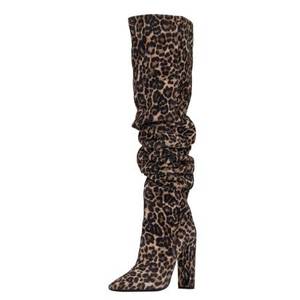 Botas de tacón alto grueso de ante con estampado de leopardo de talla grande para mujer, botines largos de piel sólida sin cordones para damas - Product Image 6