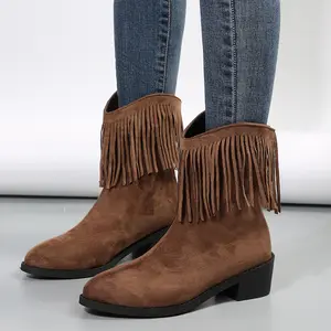 Venda quente elegante dedo apontado botas mulheres sapatos zíper de alta qualidade PU couro borlas retro ankle boots