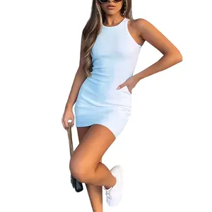 Wholesale Custom White Cotton Casual Dresses Ladies Summer Sleeveless Tank Top Sexy Rib Mini Bodycon Dress Women