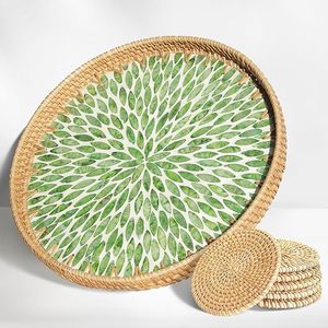 Vassoio Rotondo In Rattan Con Intarsio In Madreperla - Elegante E Naturale