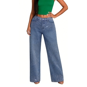 Jeans à jambes larges pour femmes ornés de strass - Pantalons décontractés en denim scintillant, tendance - Product Image 1