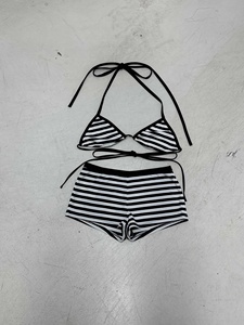 Conjunto de bikini a rayas para mujer, traje de baño sexy de dos piezas con cuello halter, ropa de playa - Product Image 6