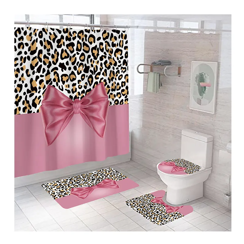 Customized Leopard Stripe Series Waterproof 100% polyester Shower Curtain Set