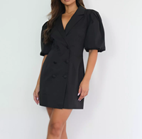 Gaun wanita gaun wanita elegan tipis Mini Puff lengan V leher V hitam jubah Blazer gaun wanita